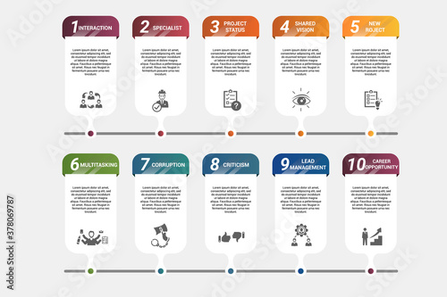 Infographic Management template. Icons in different colors. Include Lead Management, Criticism, Specialist, Interaction and others.