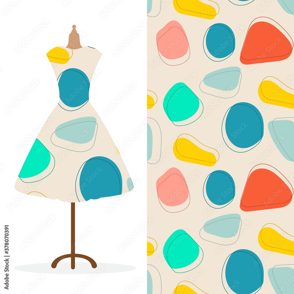 Womens long dress mock up with bright seamless hand drawn pattern for textile, paper print. Vector illustration Womens long dress mock up with bright seamless hand drawn pattern for textile, paper print. Vector illustration