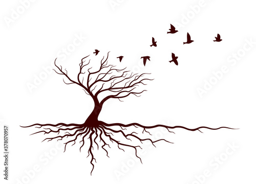 Autumn tree with roots and flying birds.