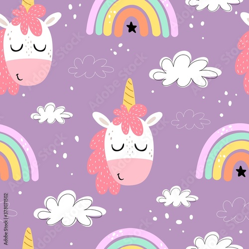 seamless pattern with cartoon unicorns, rainbows, clouds, decor elements on a neutral background. Colorful vector flat style for kids. Animals. hand drawing. baby design for fabric, print, wrapper, te