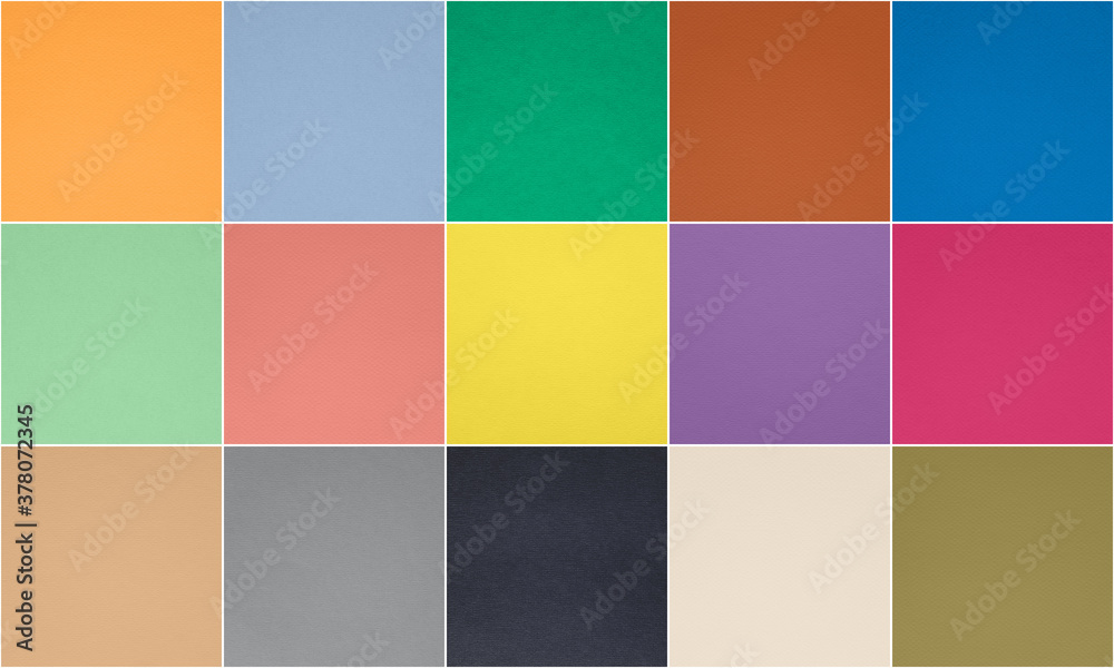 Set of fashionable pantone 10 trendy colors and 5 classic neutral colors of spring-summer 2021 season. Texture of colored paper for watercolor and pastel. Photo collage