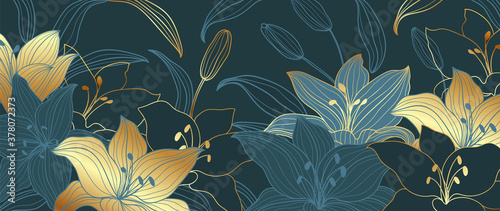 luxury gold floral line art wallpaper vector. Exotic botanical background, Lily flower vintage boho style for textiles, wall art, fabric, wedding invitation, cover design Vector illustration.