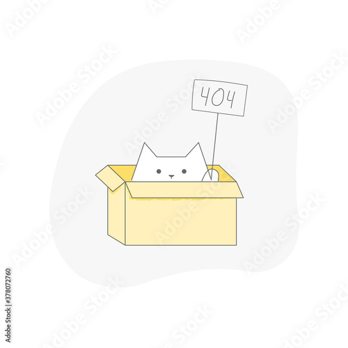 Cat sits in a box with a 404 sign. Page or file not found, connection error.