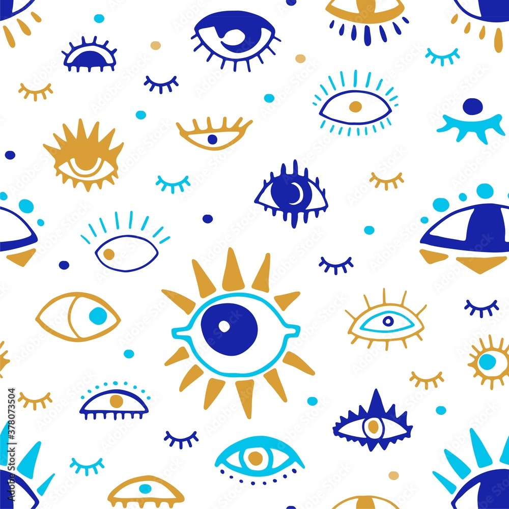 Hand drawn sketch evil eyes seamless pattern. Colorful mystic occult emblem doodle drawing. Naive art