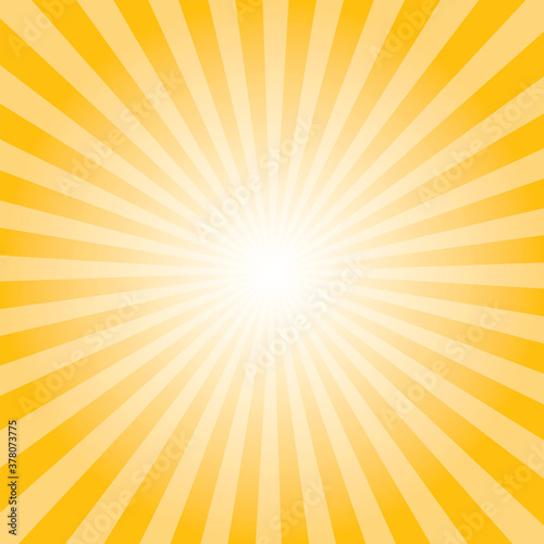 Sunburst background. Amber yellow radiate sun beam burst effect. Sunbeam light flash boom. Sunrise glow burst. Solar radiance glare, retro design illustration