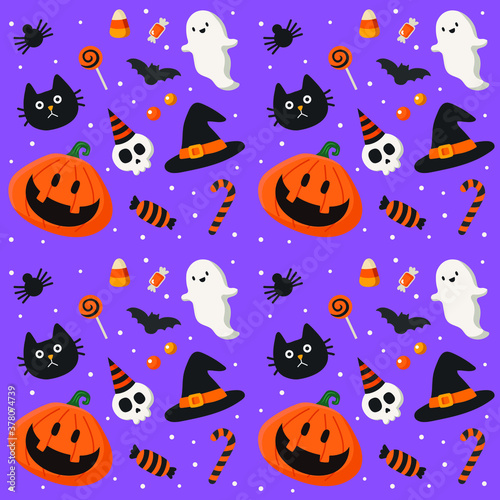 Halloween illustrations set; pumpkins, ghosts, cats, bats, , skulls, candies, and Halloween elements. Spooky Halloween in October.