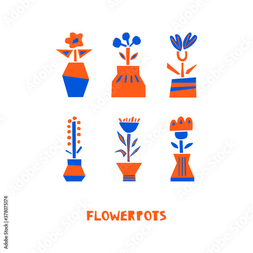 Set of paper cut houseplants. Vector flat cartoon illustration with collection of abstract potted plants