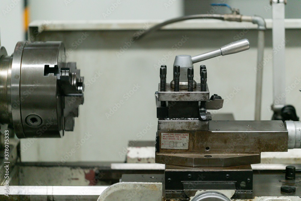 Fototapeta premium Machine part with pneumatic equipment and hydraulic system, electric part and a mechanical device for manufacturing in the industrial factory
