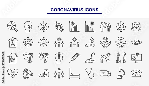Set of Coronavirus vector line icons. For mobile concepts, web apps, UI UX. Vector Illustration.