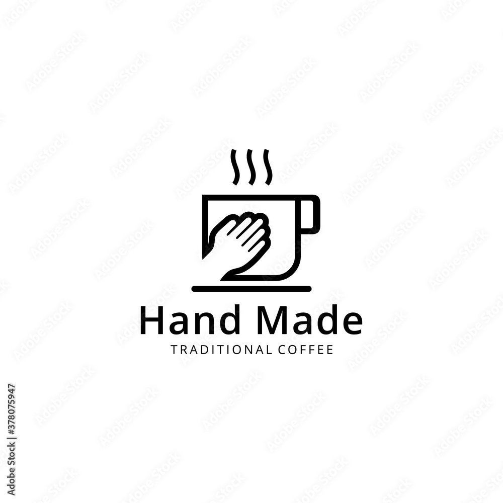 Creative illustration cup coffee with hand safe sign modern minimalist  logo design Vector