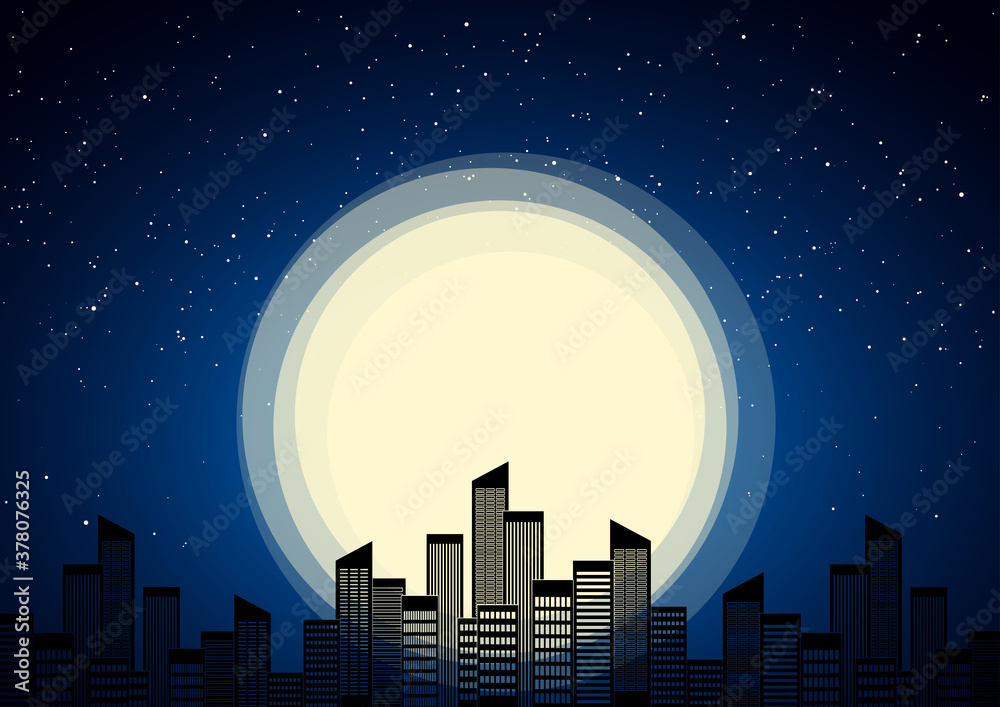 Night city on background of moon and stars.