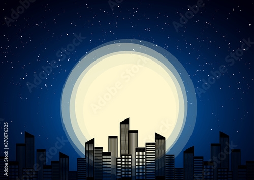 Night city on background of moon and stars.