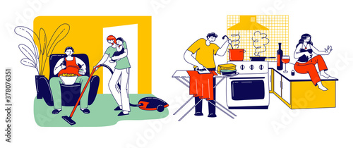 Lazy Spouse Concept. Wife or Husband Characters Making Everyday Household Duties while their Partner Do Nothing, Family