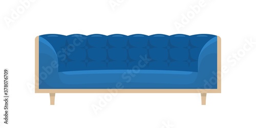 Comfortable blue sofa with armrests and wooden decor vector flat illustration. Cartoon furniture with design elements for office, living room or lounge isolated on white. Soft stylish couch for relax