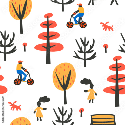 Childish bright seamless pattern with people walking in the park. Relaxing on nature