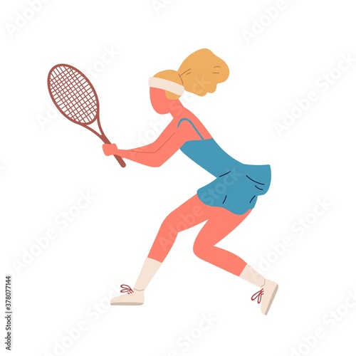 Active woman demonstrate receive position holding racket vector flat illustration. Sportswoman playing big tennis ready to smashing isolated. Female taking part at championship or training