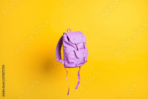 Blank purple stylish trendy backpack strap mockup flat lay view flight air over vivid shine background