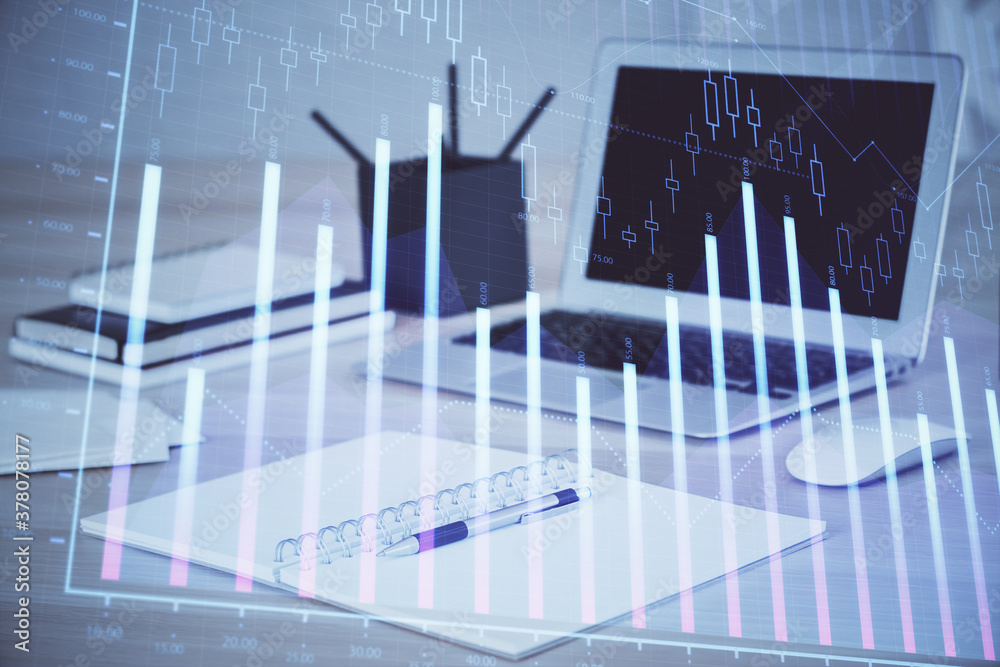 Stock market graph and table with computer background. Double exposure. Concept of financial analysis. Stock market graph and table with computer background. Double exposure. Concept of financial analysis.