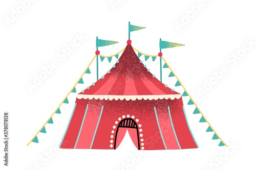 Colorful red circus tent decorated with festive flag garland and flags vector flat illustration. Striped marquee facade of entertainment area for artists and trained animals performance isolated
