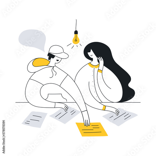 Team meeting and teamwork concept, discussion of the project, prioritization of tasks, creating hypotheses and product cards. Cute cartoon man, woman, lightbulb and papers on the table. Line vector