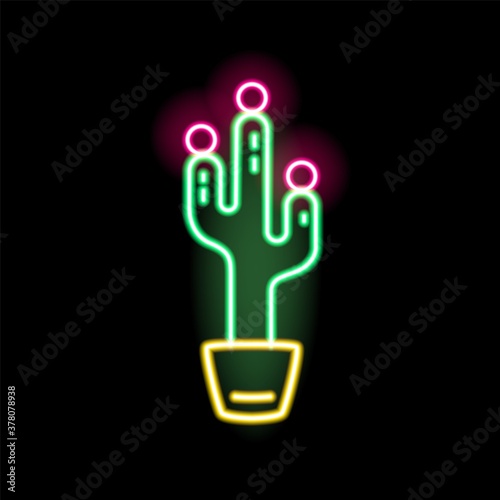 Bright glowing neon cactus in pot vector flat illustration in outline style. ...