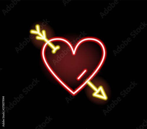 Red heart stricken by arrow neon symbol vector flat illustration. Bright roma...