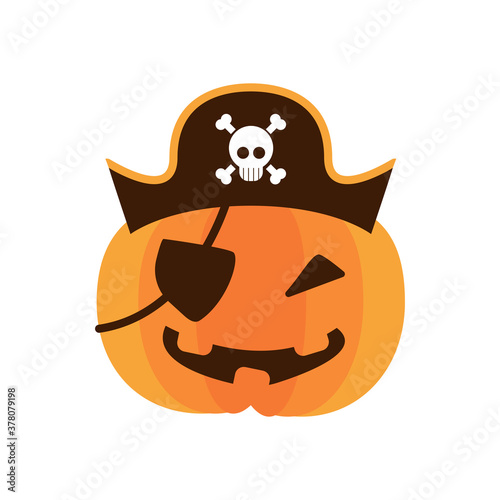 halloween pumpkin with pirate hat and patch flat style icon