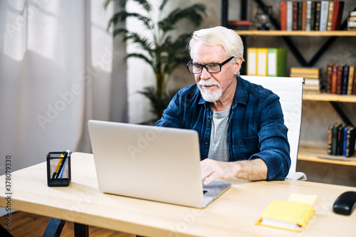 Mature gray-haired man using laptop computer sitting at home office © Vadim Pastuh