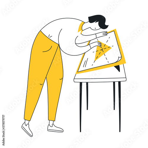 Drawing architect, designer, engineer, or creator drafting. Architectural desk for sketching, construction, architect workplace. Flat line vector illustration on white.