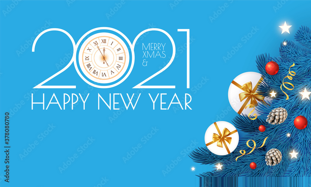 Fototapeta premium Merry Christmas and Happy New Year Holiday background with lettering, fir tree branches, snowflakes, gifts, cones red berries and balls