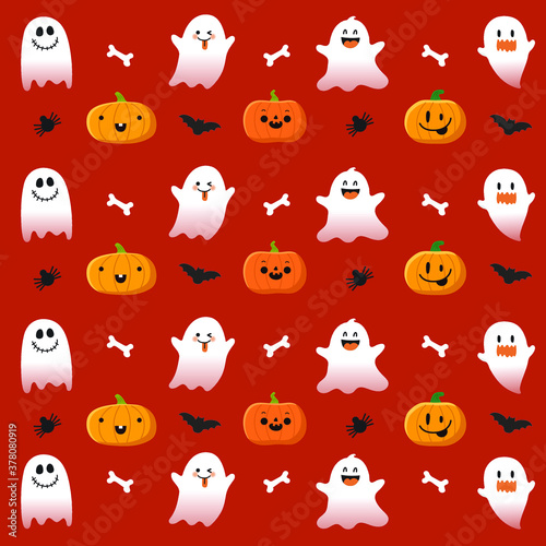 Happy Halloween pattern with pumpkins, ghosts, bats, spiders, and bones. Halloween festival illustration set. Trick or treat.