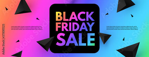 Black Friday Sale poster template. Super offer. 3D triangles and neon rainbow gradient effect