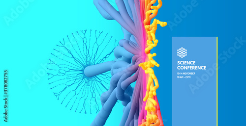 Science conference. Array with dynamic emitted particles. Abstract background with trendy gradient. 3d vector illustration for online courses, master class, seminar, presentation, webinar or lecture.