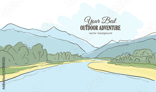 Vector illustration: Hand-drawn Mountains landscape with river, forest. Line style.
