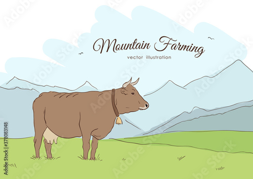 Vector illustration: Hand-drawn Cow and rural meadow on the mountain background. Natural landscape.