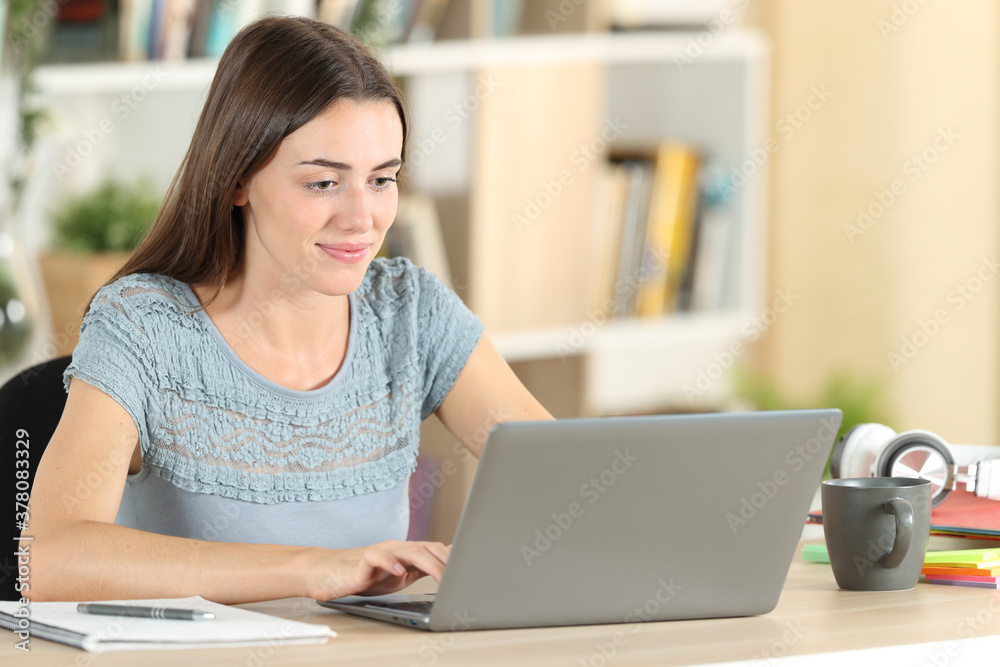Student writes on laptop e-learning at home Student writes on laptop e-learning at home