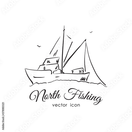 Hand drawn icon with Commercial fishing boat . Line design.