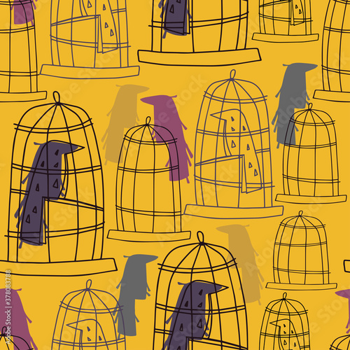 Vector seamless vintage pattern with lined colorful ornamental birds in cages on yellow background. The design is perfect for textiles, decorations, backgrounds, surfaces, wrapping paper