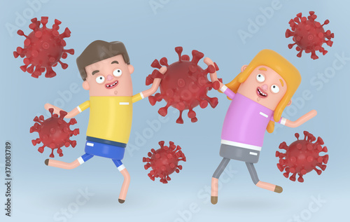 Innocent children playing with viruses covid-19.  3d illustration.