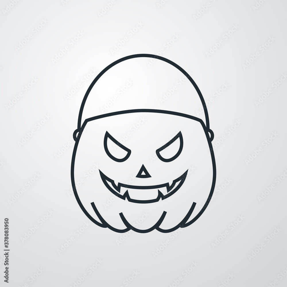 Feliz Halloween. Logotipo lineal de cubo de calabaza de Halloween para que los niños celebren la tradición de truco o trato recogiendo dulces en fondo gris