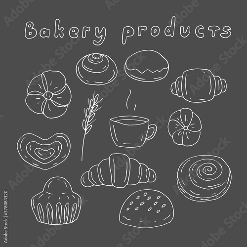 Set of bakery products and coffee, vector illustration, hand drawing, dark background