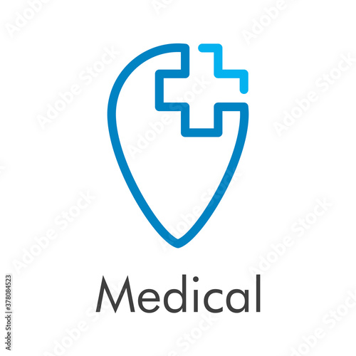 Concepto asistencia sanitaria. Logotipo lineal con texto Medical con puntero enlazado con cruz en color azul