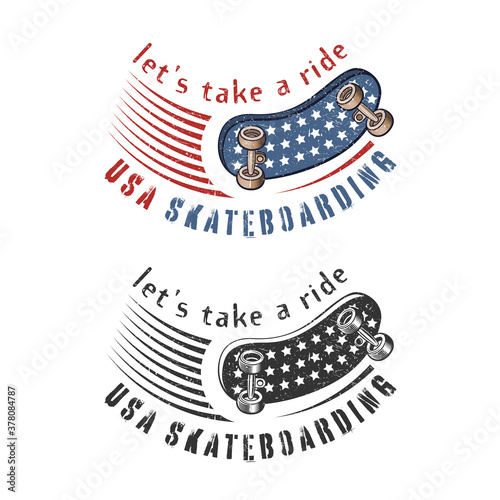 Lets take a ride. Skateboarding emblem. Color and monochrome vector illustration. Print graphic and web design.