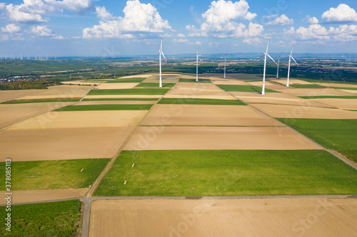 Aerial view of agricultural land and wind turbines in Rheinhessen / Germany near Ober-Flörsheim © fotografci