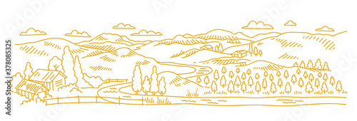 Rural landscape. Garden trees. Village field and the hills. Hand drawn sketch. Countryside. Contour vector line. Horizontal banner.