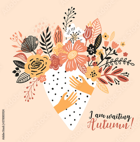 Lovely autumn card with a bouqet flowers, leaves and with the inscription I am waiting Autumn. Perfect for greeting cards, postcards, t-shirt design and other yours design in trend colors.