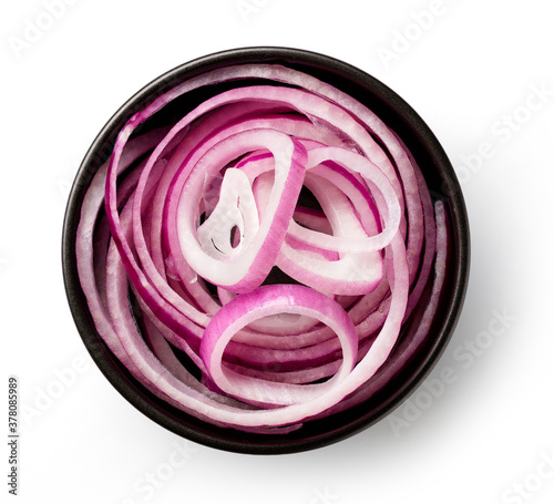 Bowl of onion rings isolted on white, from above