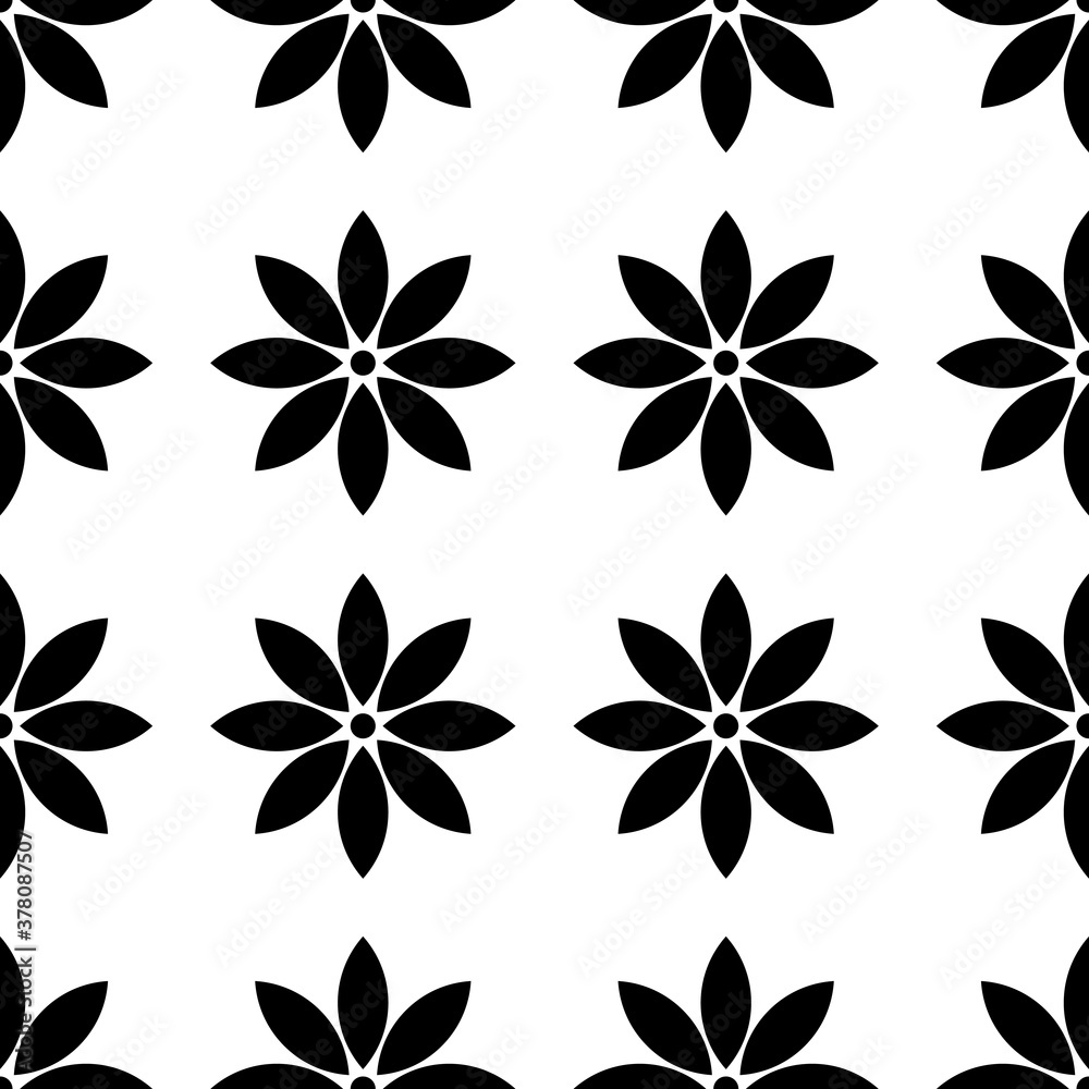 Obraz premium Vector seamless pattern. Texture with black geometric flower. Repeating abstract background with black flower on white back.