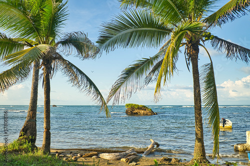 Ein Herz aus Palmen  ein Fels im Meer am romantischen Strand in Panama