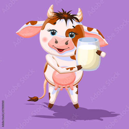 Cute milk cow with a glass of milk on violet background. Vector Illustration.